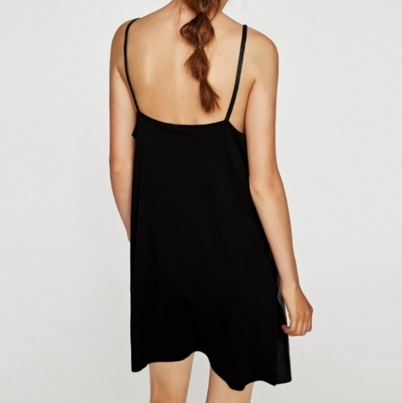 Zara Black Green Laced Faux Leather Mini Slip Dress Size M - Picture 2 of 4